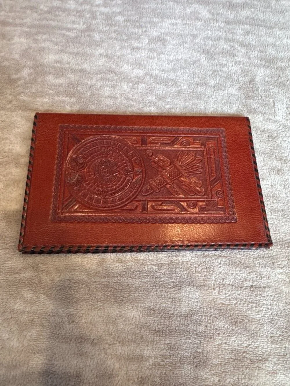 Handcrafted Embossed Leather Wallet Aztec Calendar Design Long Bifold Style